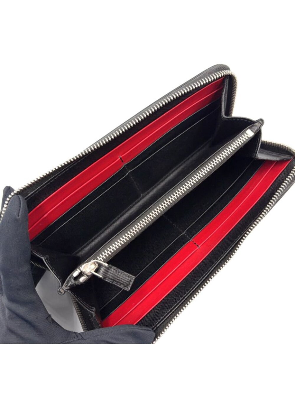 Prada Zip Around Leather Black Wallet Silver - Picture 3 of 14